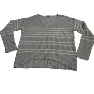 Moral Fiber Gray White Stripe Acrylic Knit V-Neck Sweater Women Size XL Hi-Low